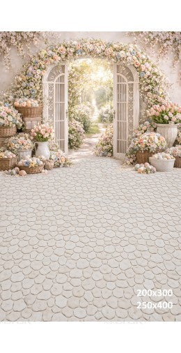 Tło fotograficzne „Pastelowa kwiatowa brama z widokiem na ogród” | E879